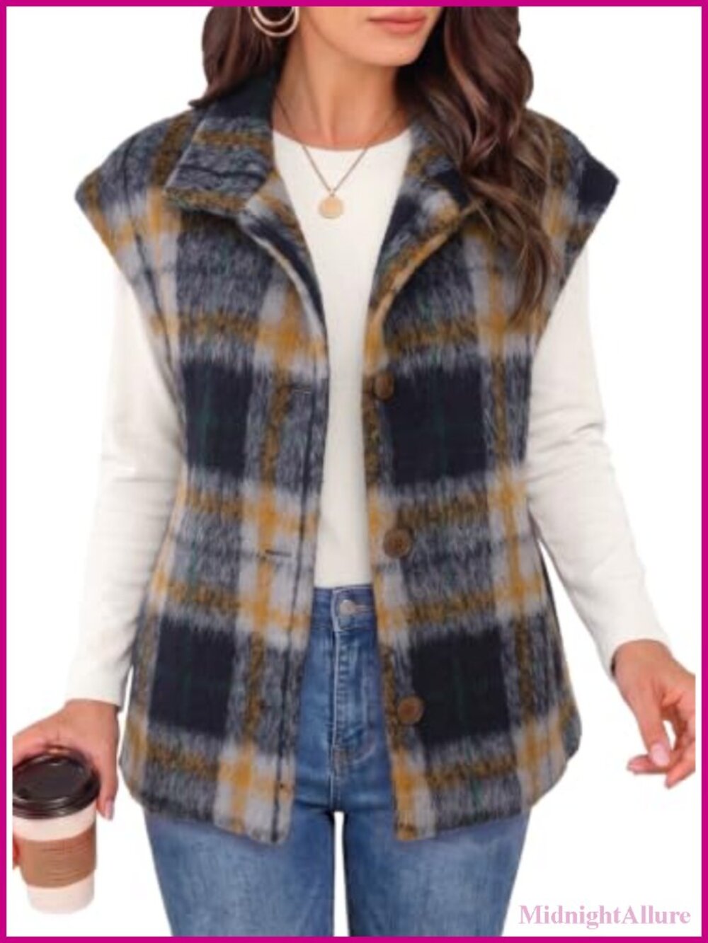 Dokotoo Oversized Plaid Vest Cap Sleeve Button Front Layering Piece